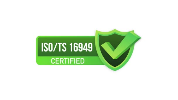 Πιστοποιημένο σήμα ISO 16949, εικονίδιο. Σφραγίδα πιστοποίησης Επίπεδη σχεδίαση. Γραφικά κίνησης. — Αρχείο Βίντεο