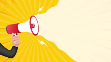 Hızlı bir araştırmayla el ele tutuşan megafon. Megafon bayrağı. Web tasarımı. Hareket grafikleri.