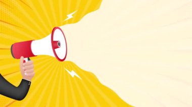 Megafon etiketi yakında geliyor. Megafon bayrağı. Web tasarımı. Hareket grafikleri.