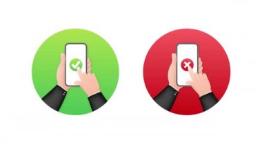 Kontrol işaretli akıllı telefonları tutan eller. Kene ve çapraz kontrol işaretleri. Hareket grafikleri.