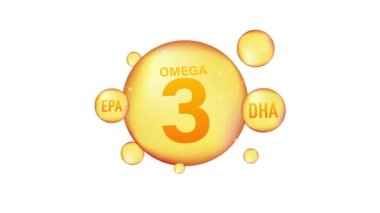 Omega 3 altın ikonu. Vitamin damlası hap kapsülü. Parlak altın özlü damlacık. Hareket grafikleri.