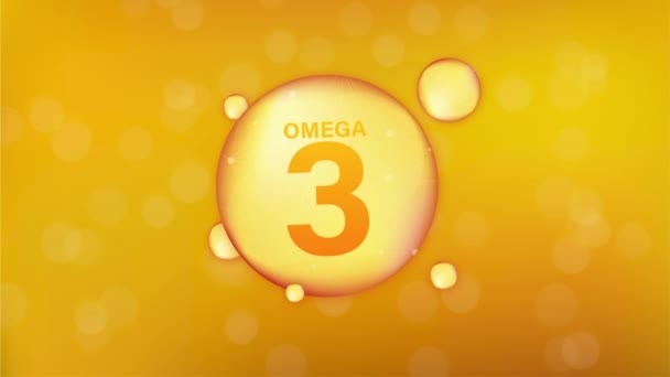 Icono de oro Omega 3. Cápsula de píldora de gota de vitamina. Gotita de esencia dorada brillante. Gráficos en movimiento. — Vídeos de Stock