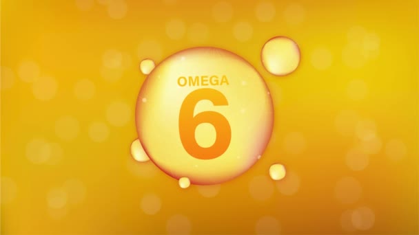 Icono de oro Omega 6. Cápsula de píldora de gota de vitamina. Gotita de esencia dorada brillante. Gráficos en movimiento. — Vídeo de stock