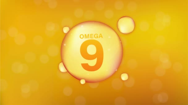 Omega 9 Gold Ikone. Kapsel mit Vitamin-Drop-Pillen. Glänzend goldene Essenz Tropfen. Bewegungsgrafik. — Stockvideo