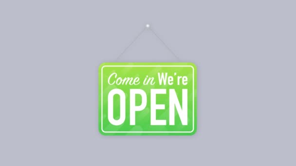 Come in were open hanging sign on white background. Sign for door. Motion graphics. — Stock Video