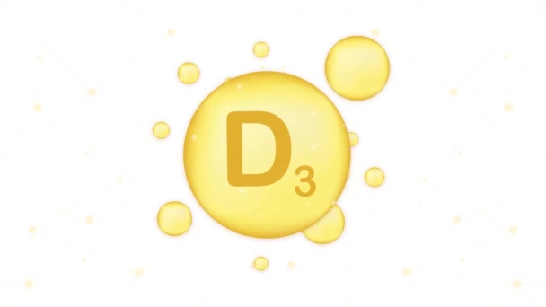 Vitamina D3 icono de oro brillante. Ácido ascórbico. Gráficos en movimiento. — Vídeo de stock