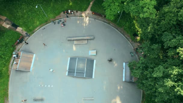 Skateboarders συγκλίνουν για συζήτηση στη μέση ενός skate park. 4k φιλμ αρχείου. — Αρχείο Βίντεο