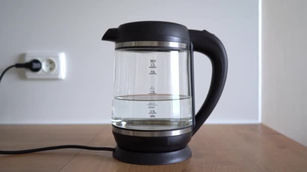 Seething water with bubbles boils in transparent glass electric kettle. Man boiling water in an electric kettle on white background. 4k stock footage. — Stock Video