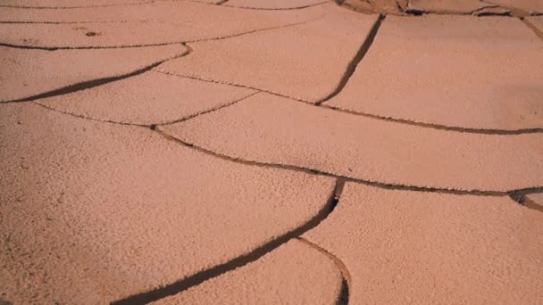 クラックされた粘土の自然なテクスチャで乾燥した湖。砂漠だ。地面に美しい亀裂の空中ビュー。4kストック映像. — ストック動画