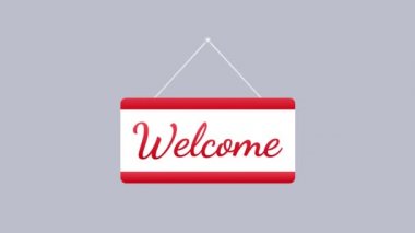 Beyaz arka planda asılı tabelasına hoş geldiniz. Kapıya imza atın. Hareket grafikleri.