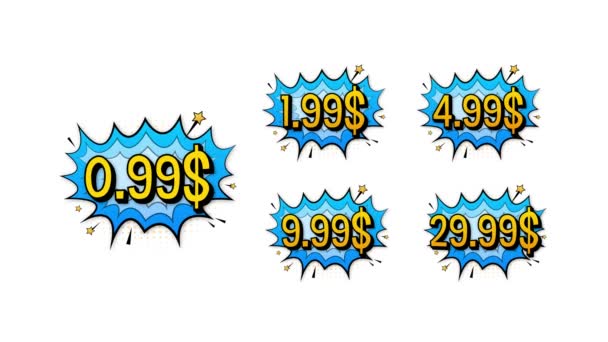 Set of five discount labels. Pop art, comic books style. Motion graphics. — Stock Video