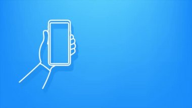 Elinde akıllı telefon var. Telefon ikonu. Dokunmatik ekran, telefon ekranı. Cep telefonu. Hareket grafikleri.
