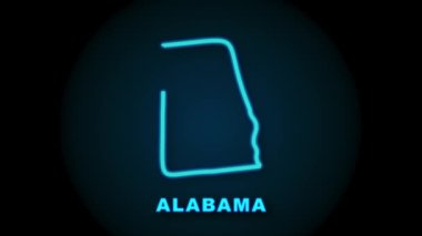 Alabama Eyaleti Neon Haritası Amerika Birleşik Devletleri, Alabama ana hatları. Parlak mavi çizgiler. Hareket grafikleri.