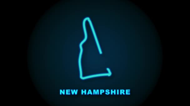 ニューハンプシャー州のネオン地図アメリカ合衆国、アラバマ州の概要。青い輝く輪郭。モーショングラフィックス. — ストック動画