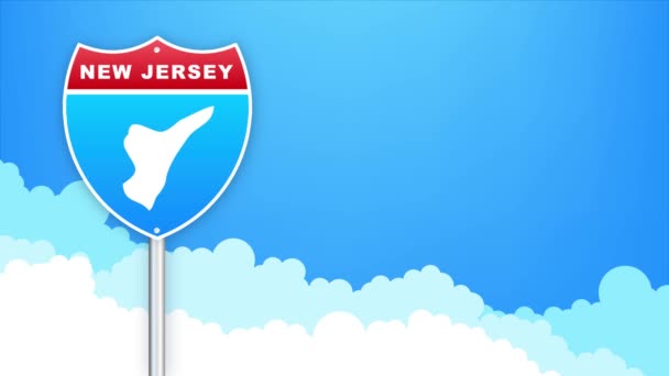 Mapa de Nueva Jersey en la señal de tráfico. Bienvenido al estado de Louisiana. Gráficos en movimiento. — Vídeo de stock