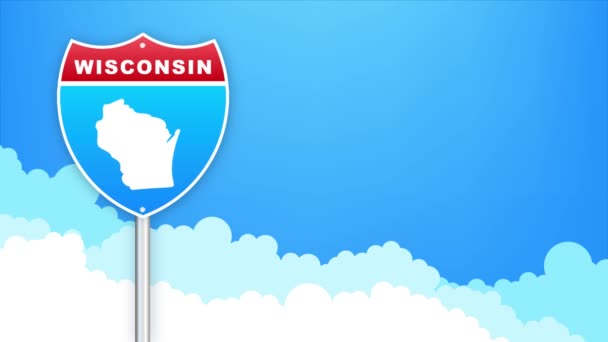 Wisconsin map on road sign. Welcome to State of Louisiana. Motion graphics. — Stockvideo