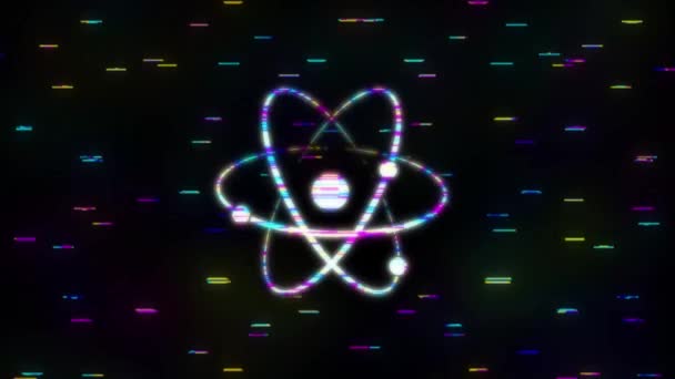 De l'effet Glitch naît le symbole atome. Graphiques de mouvement. — Video