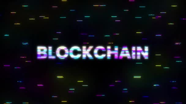 Blockchain text med glitch skärmeffekter på en svart bakgrund. Rörlig grafik. — Stockvideo