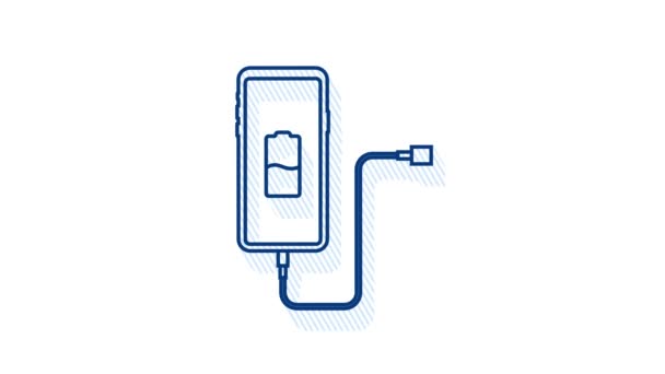 Adaptador de cargador de teléfono inteligente y toma de corriente eléctrica, notificación de batería baja. Gráficos en movimiento. — Vídeo de stock