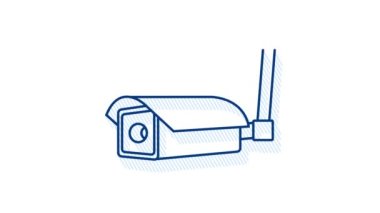 Beyaz arkaplanda kapalı devre televizyonu olan simge. Siluet sembolü. Kamera simgesi. Hareket grafikleri.