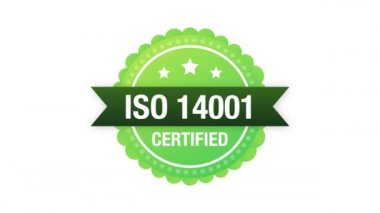 ISO 14001 sertifikalı rozet, ikon. Sertifika damgası. Hareket grafikleri.