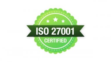 ISO 27001 sertifikalı rozet, ikon. Sertifika damgası. Hareket grafikleri.