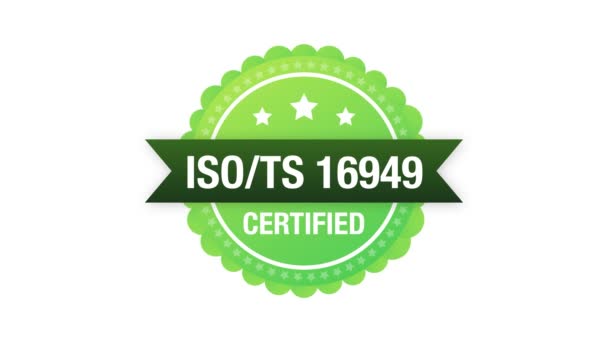 ISO TS 16949 Insignia certificada, icono. Sello de certificación. Gráficos en movimiento. — Vídeo de stock