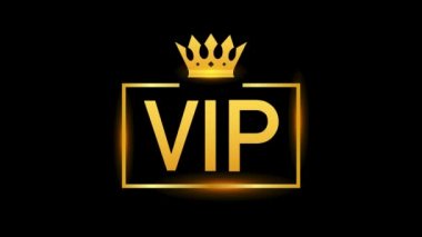 Ayrıcalığın altın sembolü, pırıltılı VIP etiketi. Siyah arka planda Vip Club etiketi. Hareket grafikleri.