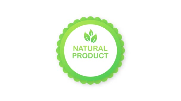 Producto natural. Etiquetas de alimentos saludables con letras. Pegatinas de comida vegana. Insignia de comida orgánica. Lettering Natural. Gráficos en movimiento. — Vídeo de stock