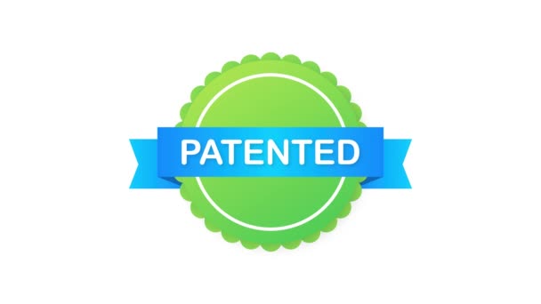 Green patented label on blue ribbon on white background. Motion graphics. — Stock Video