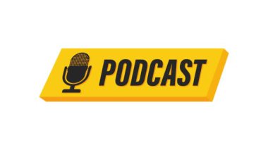 Canlı yayındaki gibi podcast ikonu. Podcast. Rozet, simge, pul, logo. Radyo yayını ya da yayın. Hareket grafikleri.