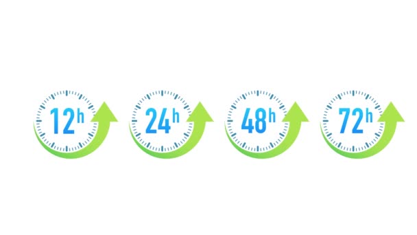 12, 24, 48, 72 horas de flecha del reloj. Efecto de tiempo de trabajo o tiempo de servicio de entrega. Gráficos en movimiento. — Vídeos de Stock