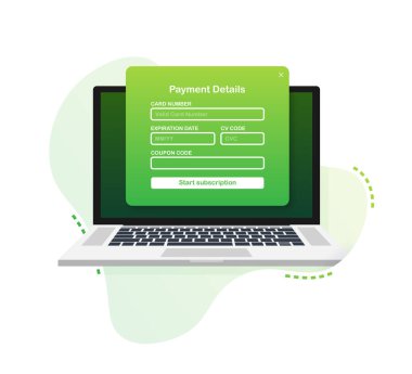 Çevrimiçi ödeme formu. Bilgisayarda dijital fatura var. Vektör illüstrasyonu