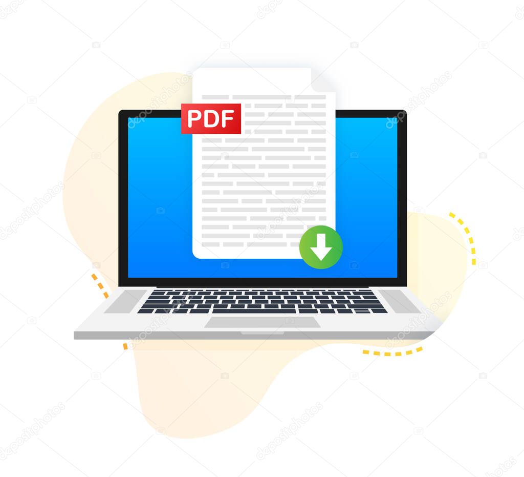 Download PDF button on laptop screen. Downloading document concept. File with PDF label and down arrow sign. Vector illustration