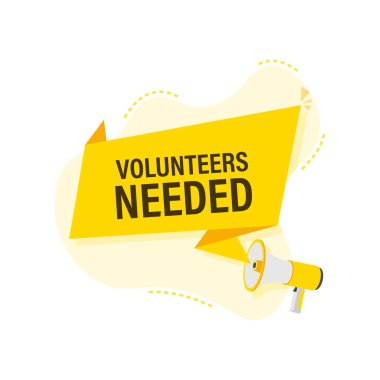 Megaphone label with volunteers needed. Megaphone banner clipart