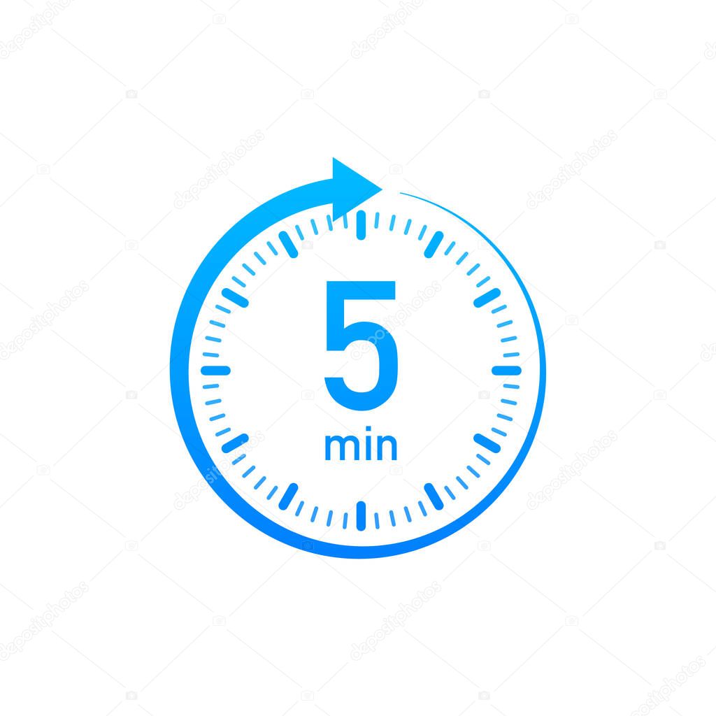 The 5 minutes, stopwatch vector icon. Stopwatch icon in flat style, timer on on color background. Vector illustration