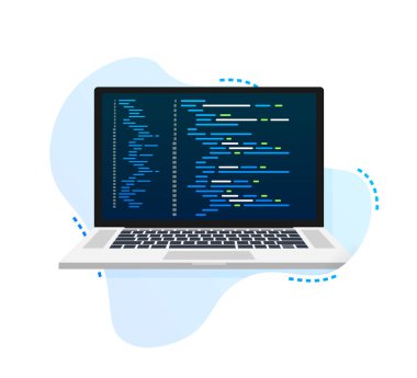 Vektör dizüstü bilgisayar kodlama kalıbı. Web geliştiricisi, tasarım, programlama. Laptop ekran kodu. Vektör illüstrasyonu.