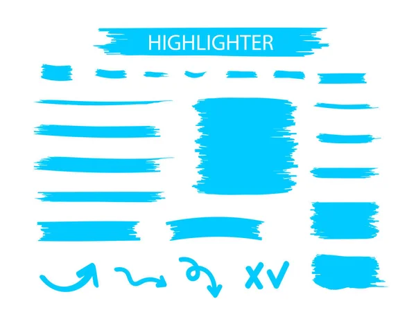 Blue Highlighter Marker Strokes. Conjunto de destaque desenhado à mão aquarela amarela — Vetor de Stock