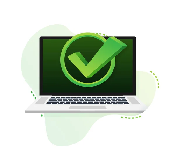 Laptop com marca de verificação ou notificação de marca no padrão bolha. Escolha aprovada. Aceitar ou aprovar marca de verificação. Ilustração vetorial. — Vetor de Stock