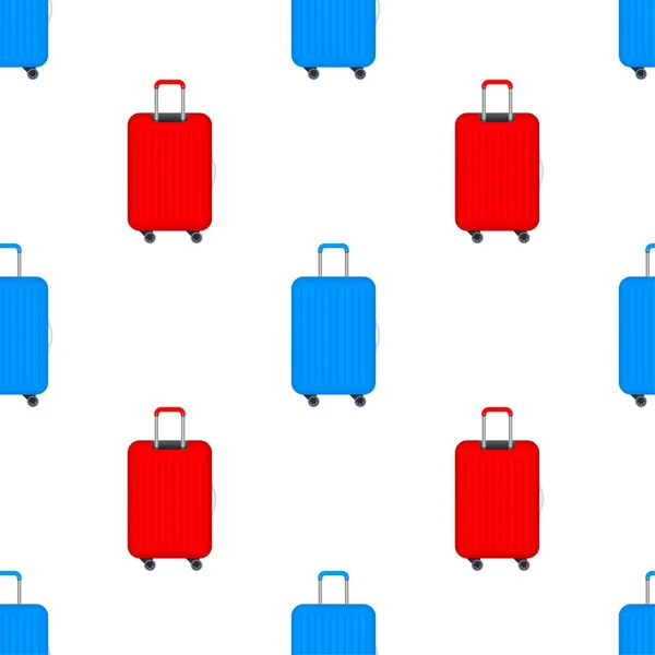 Modrý cestovní plastový kufřík s kolečky realistický vzor na bílém pozadí. Obrázek vektorové populace. — Stockový vektor