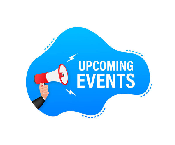 Etiqueta de megáfono con próximos eventos. Banner de megáfono. — Vector de stock