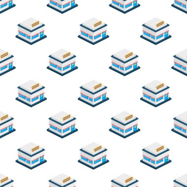 Isometric mağaza ya da market ön cephe deseni. Vektör illüstrasyonu.