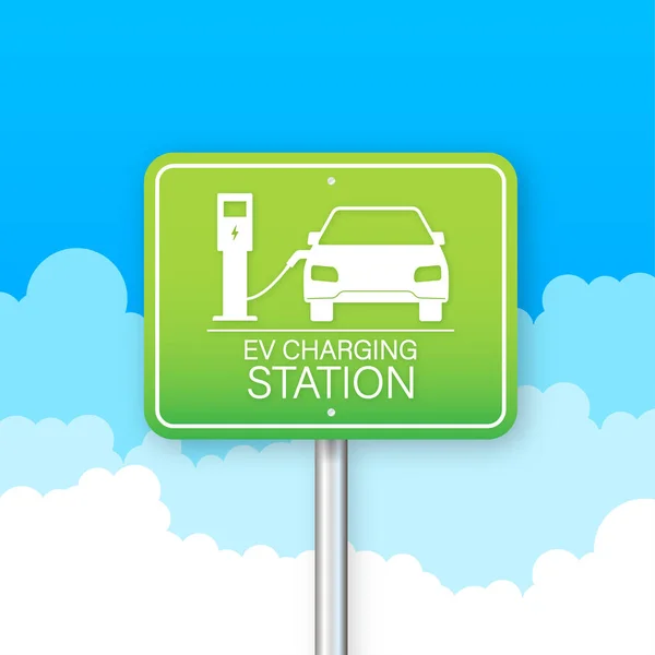 Laden von Elektroautos. EV-Station. Stehendes Fahrzeug. — Stockvektor