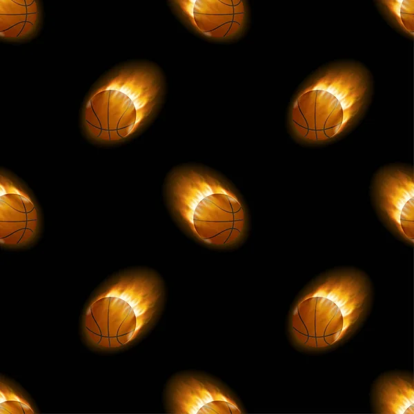 Fuego quemando baloncesto con patrón negro de fondo. Ilustración de stock vectorial. — Vector de stock