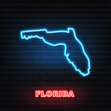 Florida eyalet haritası neon ikonu. Vektör illüstrasyonu.