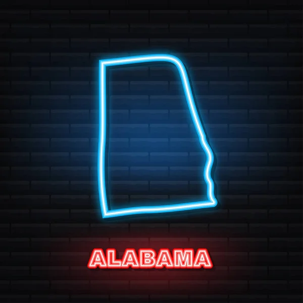アラバマ州のネオンマップアメリカ合衆国、アラバマ州の概要。青い輝く輪郭。ベクターイラスト. — ストックベクタ