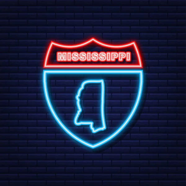 Neon ikon karta över staten Mississippi från USA. Vektorillustration. — Stock vektor