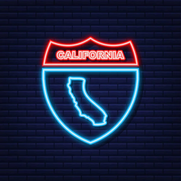 Mapa de iconos de neón que muestra el estado de California desde el estado unido de América. Ilustración vectorial. — Vector de stock