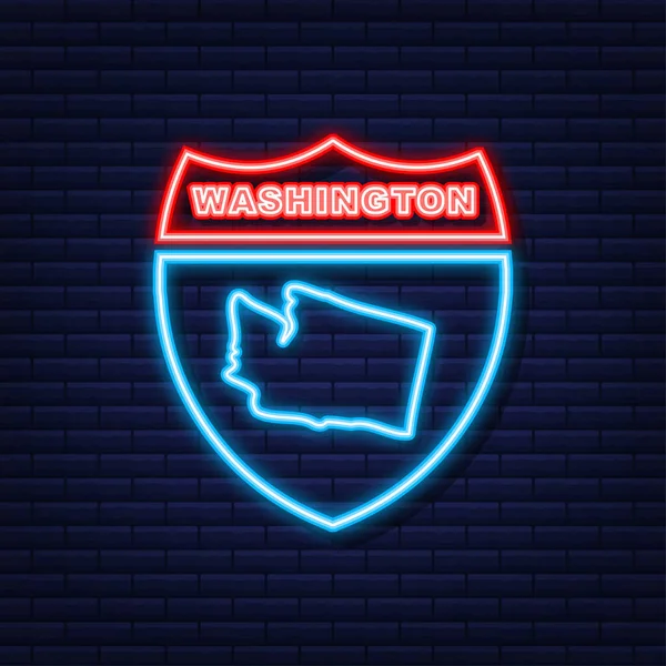 Neon Map of Washington State United States of America, Washington outline. Esquema azul brillante. Ilustración vectorial. — Vector de stock