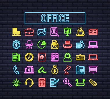 Ofis neon ikonu. Web simgesi seti. Ofis, her amaçla harika tasarım. Vektör stok illüstrasyonu.